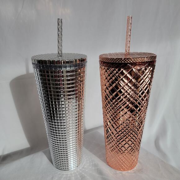 Starbucks Chrome Rose Gold Jeweled Metallic Silver Grid 2023 Holiday 24oz Venti - Picture 11 of 11